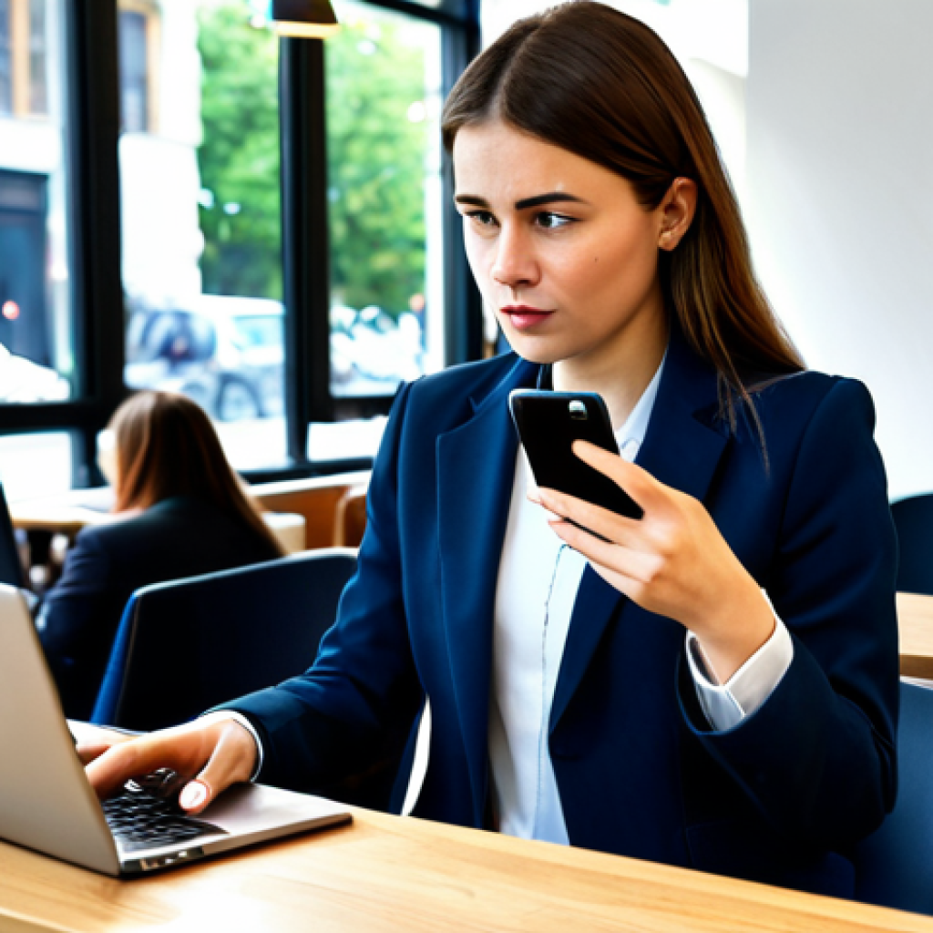 Mobile Banking Security**

"A young professional woman, *fully clothed* in a *modest* business casual outfit (jeans and a blazer), using a mobile banking app on her smartphone in a modern, brightly lit cafe. Focus on her concerned expression as she reviews a transaction. Background includes other patrons working on laptops and drinking coffee. *Safe for work*, *appropriate content*, *professional* digital art, *perfect anatomy*, *correct proportions*, *natural pose*. Emphasis on data security and caution. Include a subtle padlock icon near the phone. Fully clothed. Safe for work. Appropriate attire. Professional."

**
