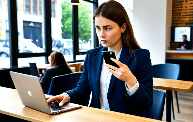 Mobile Banking Security**

"A young professional woman, *fully clothed* in a *modest* business casual outfit (jeans and a blazer), using a mobile banking app on her smartphone in a modern, brightly lit cafe. Focus on her concerned expression as she reviews a transaction. Background includes other patrons working on laptops and drinking coffee. *Safe for work*, *appropriate content*, *professional* digital art, *perfect anatomy*, *correct proportions*, *natural pose*. Emphasis on data security and caution. Include a subtle padlock icon near the phone. Fully clothed. Safe for work. Appropriate attire. Professional."

**