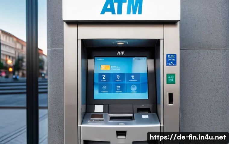 외화 ATM 사용법 - A detailed and realistic scene of a modern ATM located inside a well-lit German bank branch. The ATM...