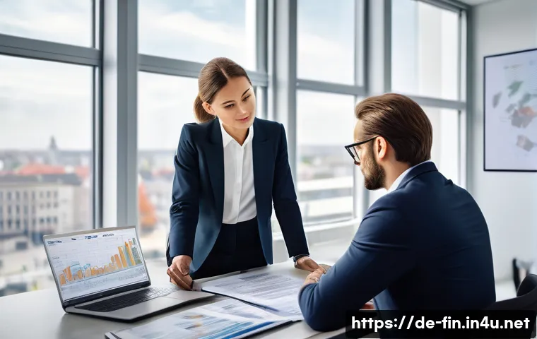 해외 취업자 금융 관리법 - A professional expatriate consulting with a German-speaking tax advisor in a modern office setting, ...