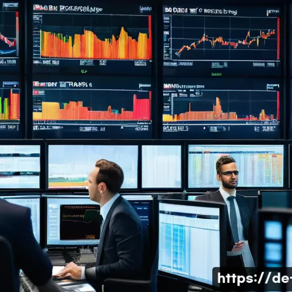 외환딜러 직업 소개 - A modern trading floor scene in Frankfurt during daytime, featuring a diverse group of professional ...