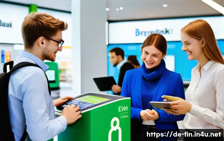 은행 수수료 면제 조건 - A modern German bank branch interior showing a diverse group of customers interacting with digital s...