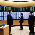 Home 22 국제 금리와 환율의 상관성 - A dynamic financial trading scene in a modern European stock exchange, showing diverse investors ana...