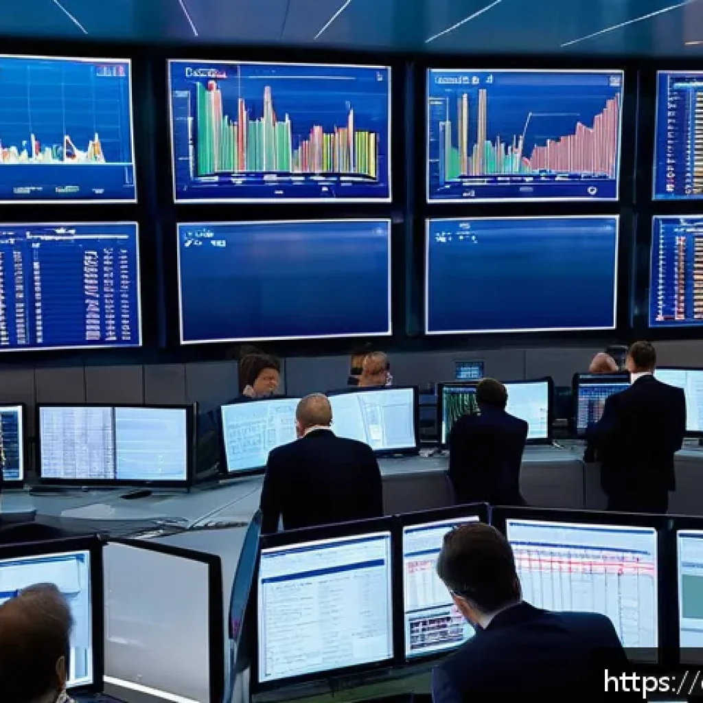 외환 정책 변화 사례 - A sophisticated modern European trading floor scene at dusk, featuring diverse professional traders ...