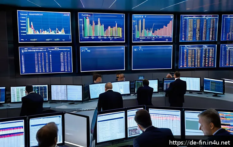외환 정책 변화 사례 - A sophisticated modern European trading floor scene at dusk, featuring diverse professional traders ...