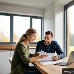 Home 19 고정금리와 변동금리 차이 - A professional German family sitting at a modern kitchen table reviewing their home loan documents, ...