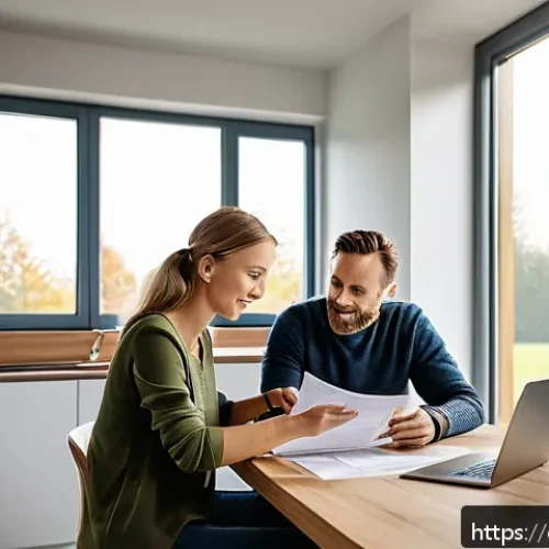 Home 31 고정금리와 변동금리 차이 - A professional German family sitting at a modern kitchen table reviewing their home loan documents, ...