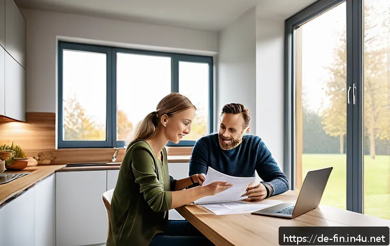 고정금리와 변동금리 차이 - A professional German family sitting at a modern kitchen table reviewing their home loan documents, ...