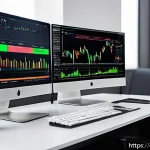 Home 18 외환 거래 플랫폼 소개 - A modern Forex trading setup showcasing a sleek desktop computer and a high-resolution monitor displ...