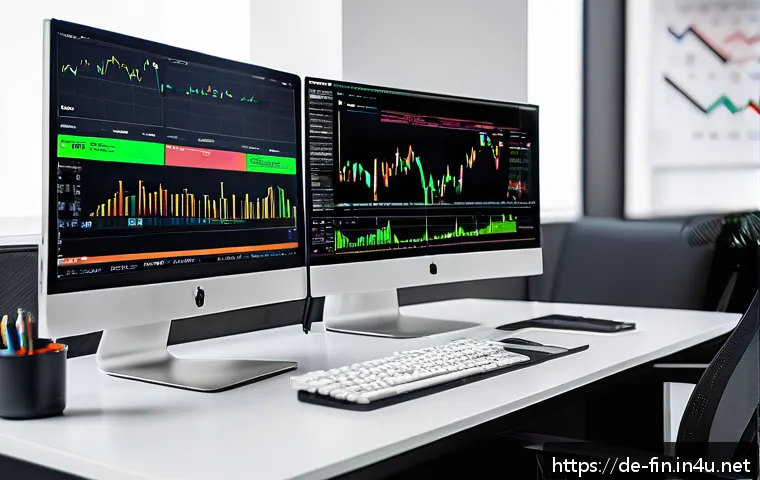 외환 거래 플랫폼 소개 - A modern Forex trading setup showcasing a sleek desktop computer and a high-resolution monitor displ...